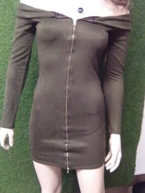 Off-Shoulder Olive Green Long Sleeve Zip-Front Bodycon Dress